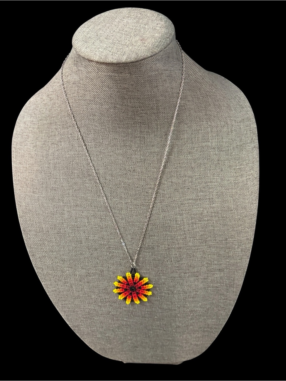 Handmade beaded sunburst necklace, 24”